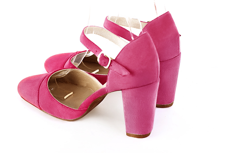 Fuschia pink women's open side shoes, with an instep strap. Round toe. High block heels. Rear view - Florence KOOIJMAN